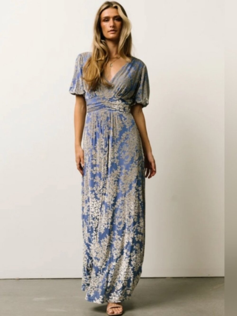 Baltic Born Leslie Velvet Maxi Dress blue gold purple short sleeve long XS